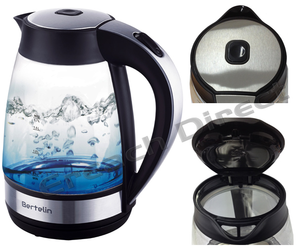 Bertelin Blue LED Illuminated Glass Kettle 1.7L 360 Cordless Electric